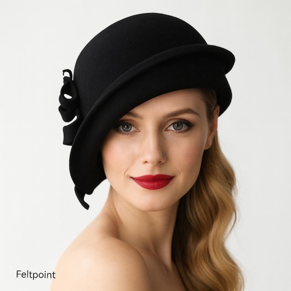 100% Wool Black Cloche Hat Vintage Style Structured Winter Felt Vintage Style, Flapper, Black Cloche Hat, 1920s, Art Deco  main image 4