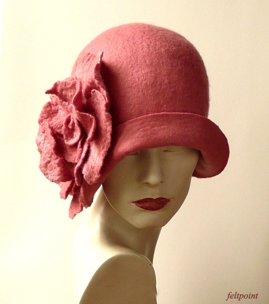 Women Vintage 100% Wool Felt Flowers Bucket Cloche Bowler Hat Pink Womens Wool Felt Bucket Caps Elegant Vintage Flower Cloche  main image 2