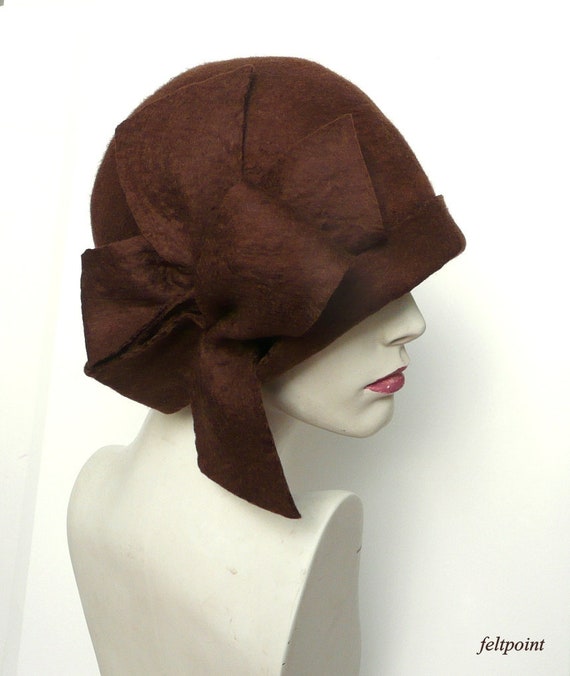 Brown Felt Cloche Hat, Handmade Victorian Style, 1920s 
