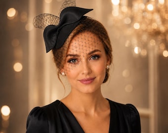 Black Fascinator Hat with Birdcage Veil, Elegant Cocktail Hat, Derby Hat, Kentucky Derby Fascinator, Wedding Guest Headpiece