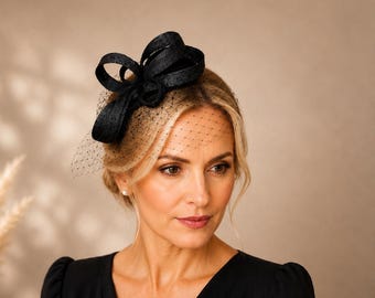 Black Sinamay Fascinator, Lightweight Clip-On Headpiece, Formal Occasion Hat