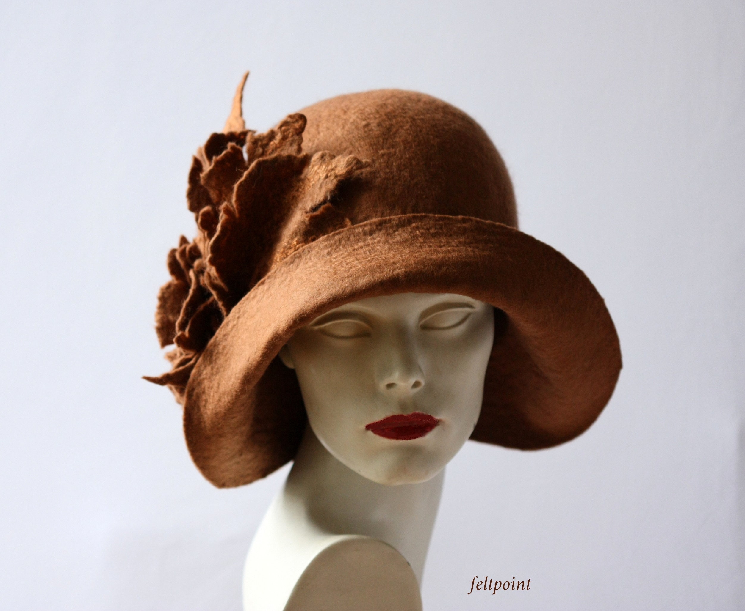 Handmade Brown Merino Wool Felt Cloche Hat, Art Deco 1920s 