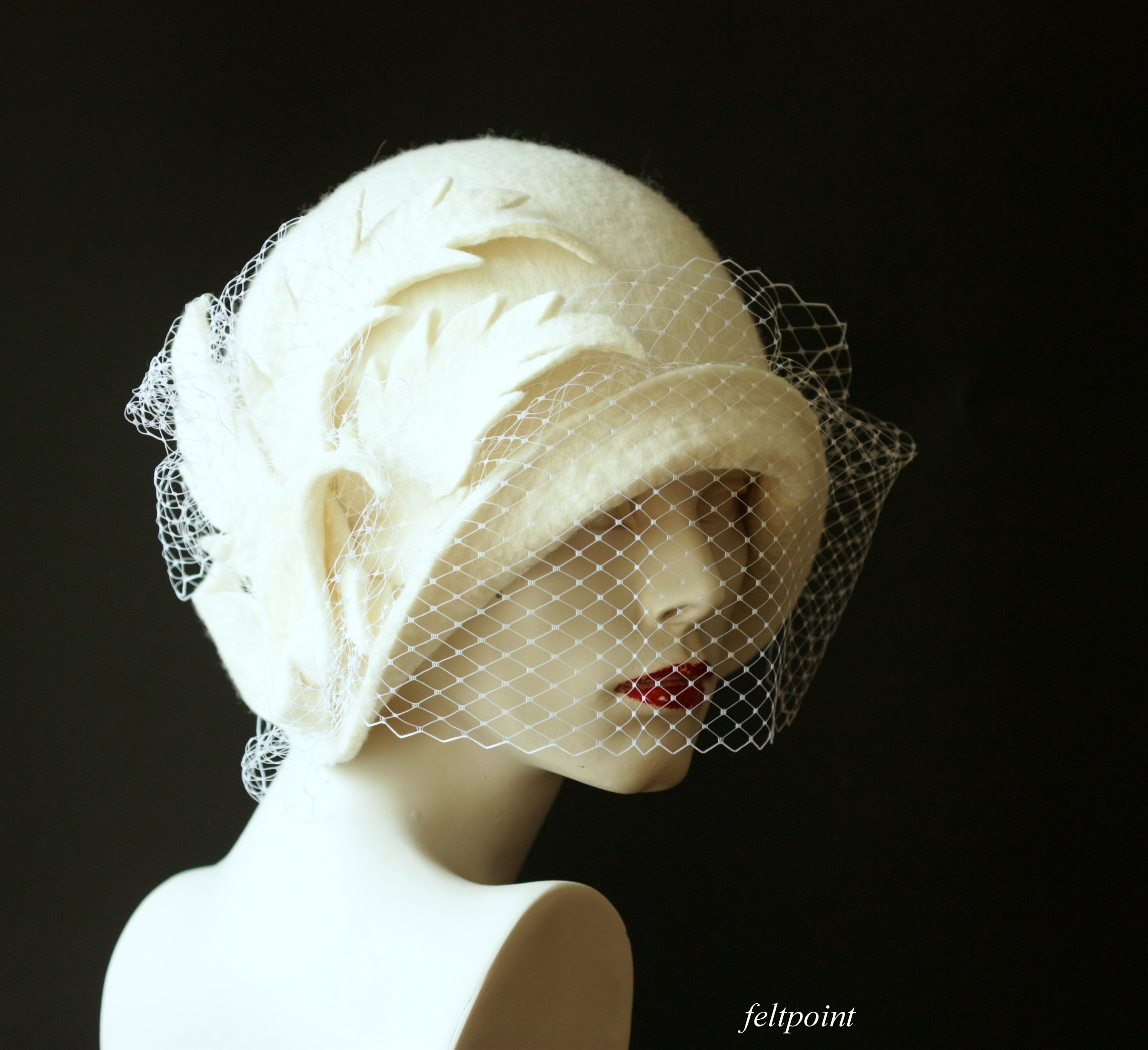 White Wedding Cloche Hat With Veil, Handmade Merino Wool - Etsy display picture 1