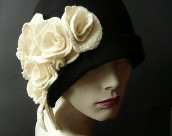 Black Felt Cloche Hat, Handmade Wool, White Roses