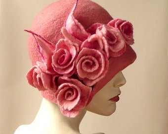 Cloche hat Felt hat Felted Hats flower hat felt hats Cloche Hat Flapper 1920 Hat Art Hat Cloche 1920's pink hat cloche hats roses