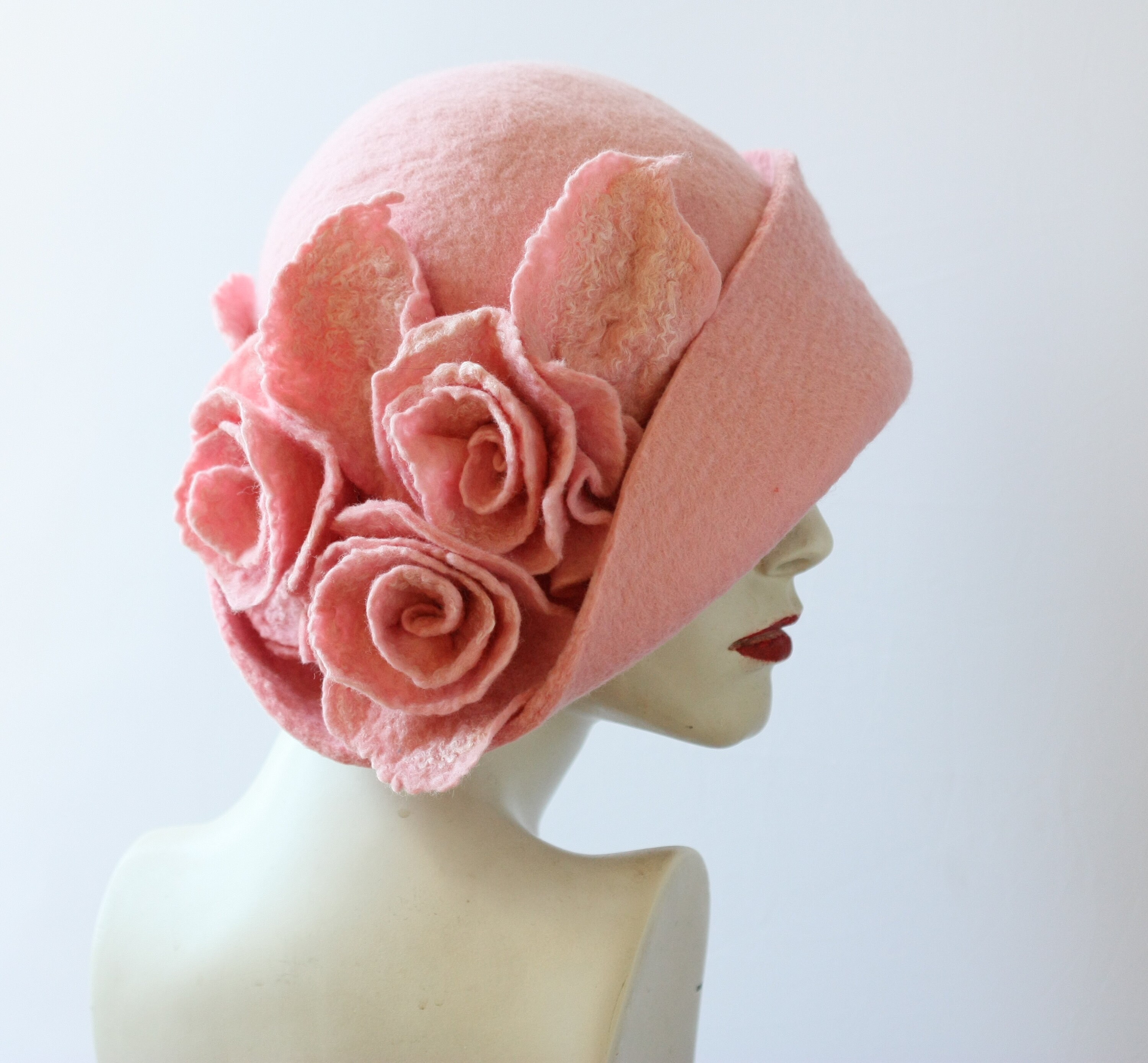 Miss Fitt Felted Black Wool Cloche Hat with Pink Felt Flowers Womens winter cloche felt hat. Pink black white wool Hat  main image 4