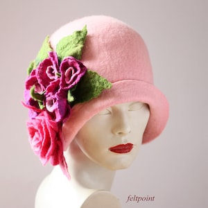 Cloche hat Handmade hat Felt hat Felted Hats flower hat felt hats Cloche Hat Flapper 1920 Hat Cloche 1920's  pink hat cloche hats roses