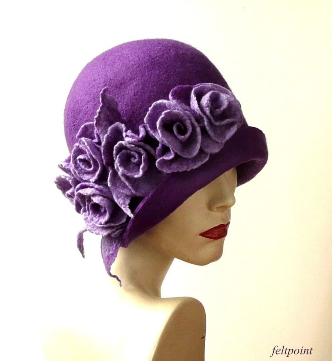 VALERIE MODES 60s Lilac VELVET Purple Striped Quirky Cloche Fashionista Easy Hat Olive Green Fleece Winter Hat Women | The Alice – Boston  main image 4