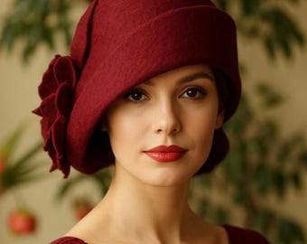 Handmade Burgundy Felt Cloche Hat with Flower – Elegant Vintage-Inspired Wool Hat for Women