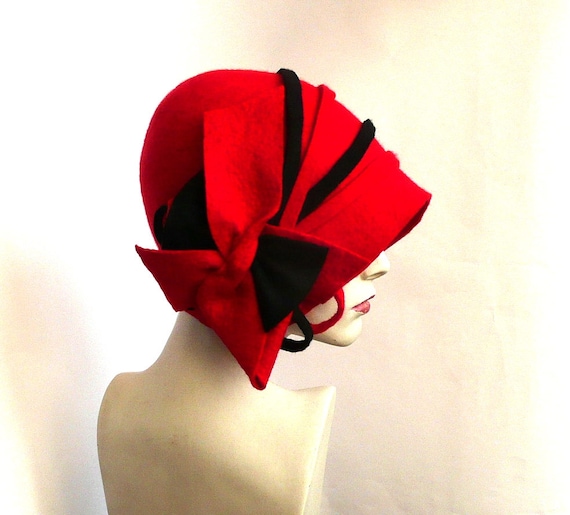 Rode vilten hoed hoed Hoed 1920 Hoed Art Red Hat Cloche - Etsy België