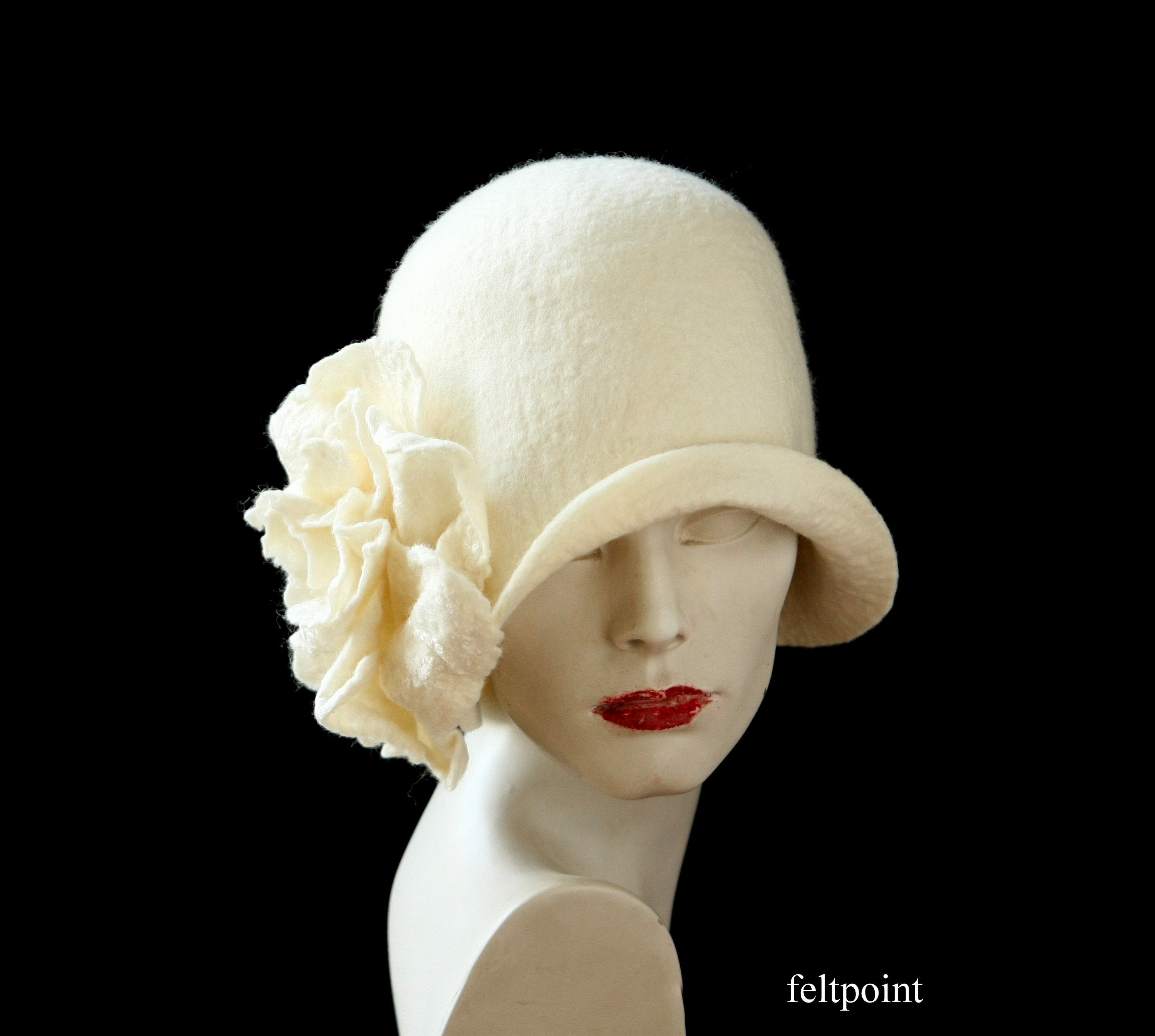 White Felt Hat Wdding Hat Cloche 