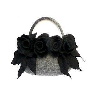 Felt bag, Felted bag, felted handbag, Felt Bags, Grey Bag, Felt Purse,  flower bag handbag art wet felted bag boho roses,Grey Felt Bag