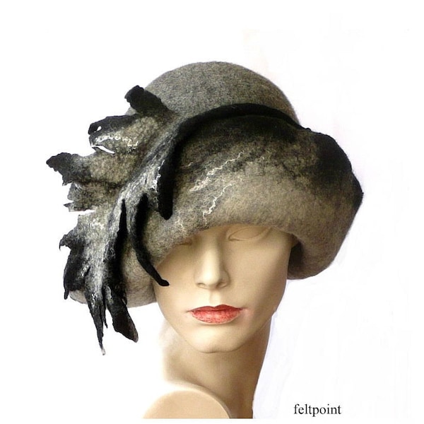 Handmade Merino Wool Felt Cloche Hat, Grey White Victorian Millinery