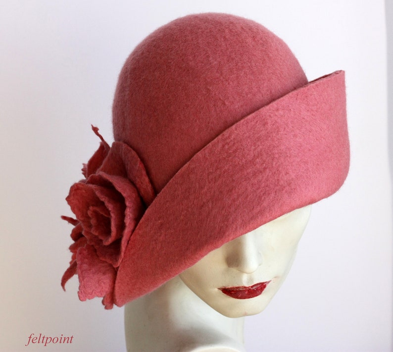 Dusky pink hat Felted hat felt hats Women's hat Cloche Hats felted hats 1920s hat Retro hat Pink Hat Victorian 1920's roses hats FELTPOINT image 9