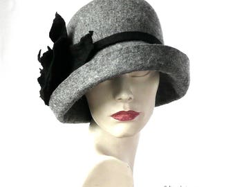 Handmade Grey Felted Cloche Hat, 1920s Flapper Style