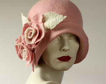 Handmade Pink Wool Felt Cloche Hat with Roses