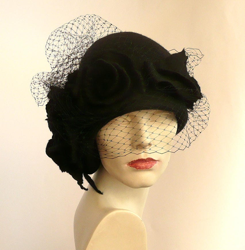 Black Veil Hat Felted Hatblack Hat Felt 