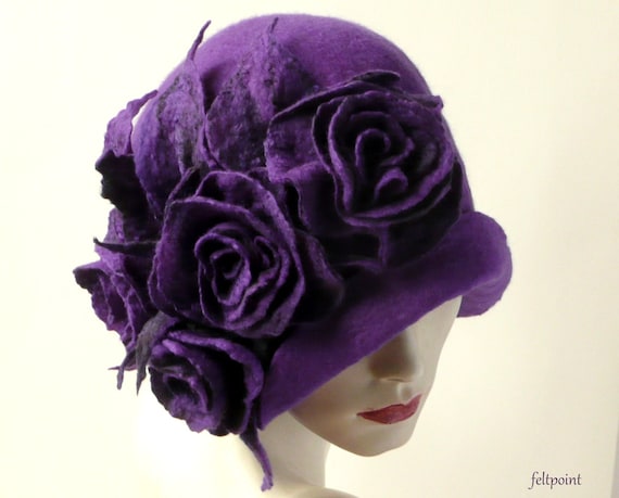 Vintage  Purple Wool Cloche Hat Buy Handmade Felted Cloche Hat: Purple Wool, Lavender Roses  main image 3