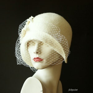 Wedding hat. Veiling hat. White cloche hat with veil image 6