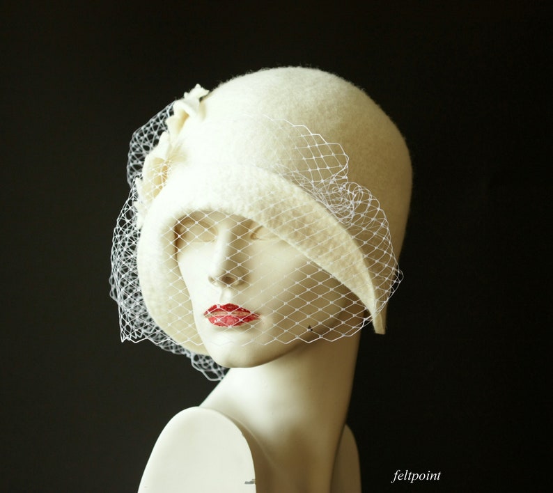 Wedding hat. Veiling hat. White cloche hat with veil image 6