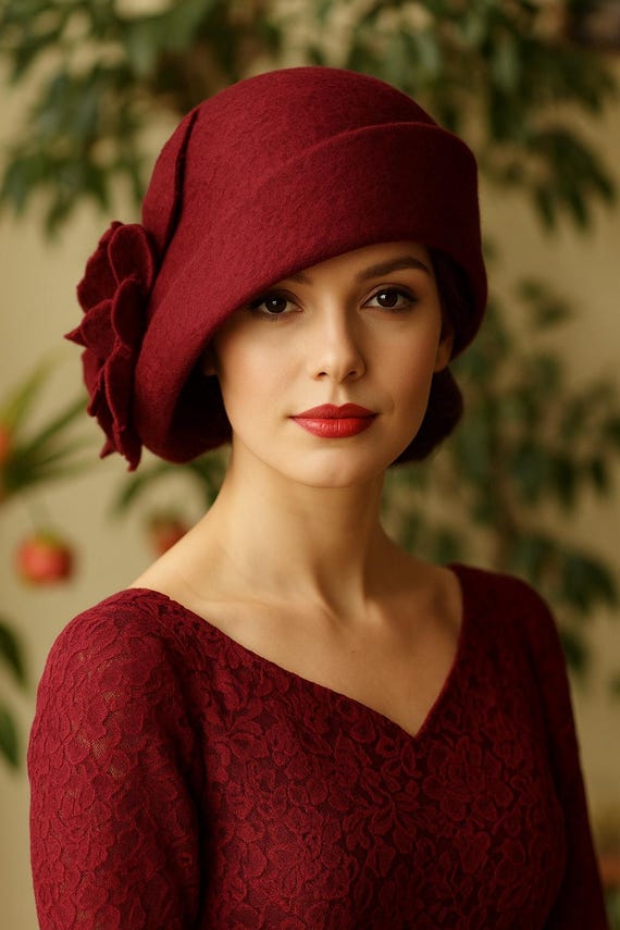 Handmade Burgundy Felt Cloche Hat With Flower – Elegant  display picture 2