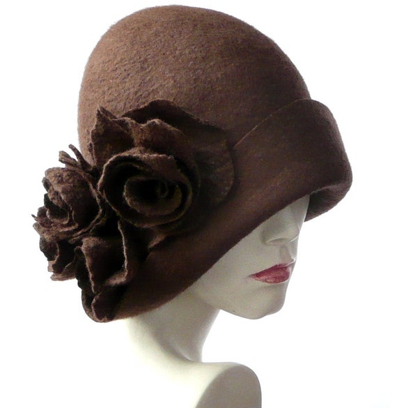 Elegant Brown Cloche Hat with Floral Accent Wool Felt Cloche Hat with Embroidered Sequin Band - Adora  main image 4