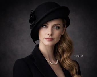 Black Wool Felt Cloche Hat – Elegant 1920s Vintage Style Wedding Guest Hat