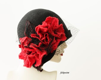Cappello Fascinator Rosso Vino Con Velo Per Matrimonio, Cappello