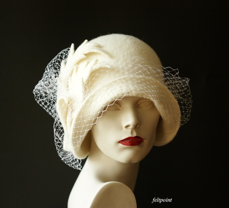 Wedding hat. Veiling hat. White cloche hat with veil image 4