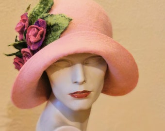 Hand Felted Pink Cloche Hat, Art Deco Flapper Style