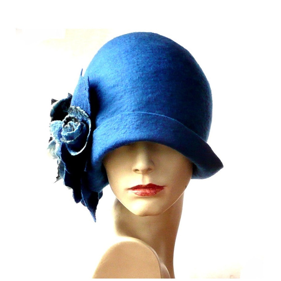 Blue Felted Hat felt hat Cloche Hat Flapper 1920 Hat Art Blue | Etsy