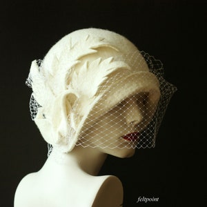 Wedding hat. Veiling hat. White cloche hat with veil image 5