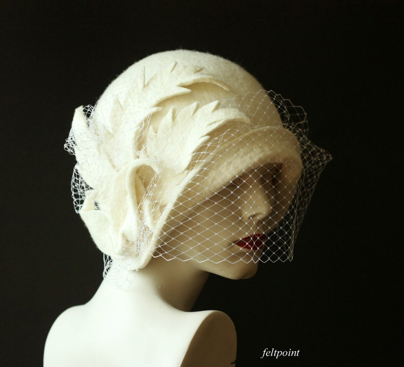 Wedding hat. Veiling hat. White cloche hat with veil image 5