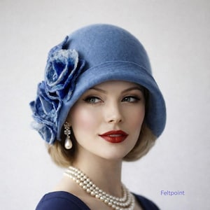 Vintage Style Blue Felt Cloche Hat  Elegant Handmade Women’s Wool Felt Headwear
