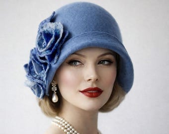 Chapéu Cloche Vintage em Feltro Azul, Elegante e Feito à Mão, em Lã, para Mulheres