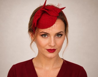 Red Felt Fascinator with Bow and Veil, Bridal Headpiece, Merry Widow Hat