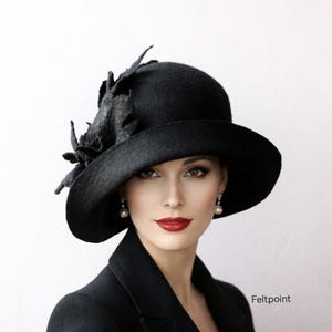 Cappello cloche in feltro di lana nera – Cappello da donna vintage anni '20 in stile Ascot Derby