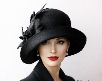 Black Cloche Hat Women Elegant – Luxury Wool Felt Hat, Funeral Hat, 1920s Vintage Style, Ascot Derby Hat, Classic Chic Ladies Hat