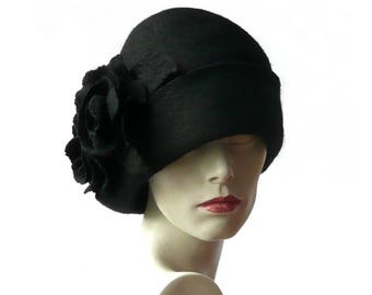 Black Felt Hat, felt hats, Black Cloche Hat, hat, 1920 Hat, Art, Black Hat Cloche, Victorian Hat,1920's Hats, Women's Hat , Felt Hat
