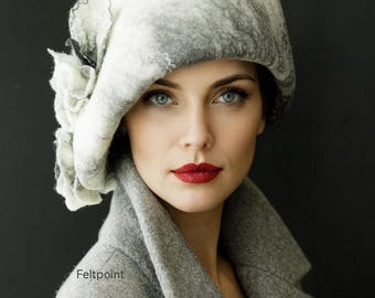 Handmade Gray Wool Cloche Hat – 1920s Vintage Style Felt Flower