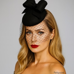 Black Bow Fascinator with Veil – Elegant Handmade Headpiece for Weddings, Cocktail Parties, Races