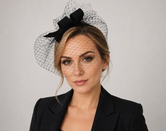 Birdcage Veil Black Fascinator Hat  Modern Mini Hat for women Elegant Ascot Cocktail Headpiece