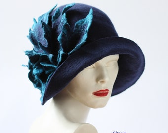 Navy blue   hat, Millinery hat, Felt hat,  hat, 1920 Hat, Art Hat, 1920's hat, navy blue hat, Art Deco hat,Phryne Fisher style hats