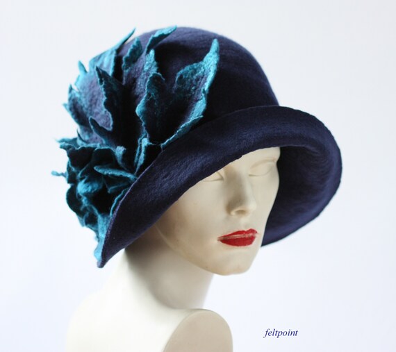 Hand Felted Navy Blue Cloche Hat, 1920s Art Deco Style - Etsy display picture 3