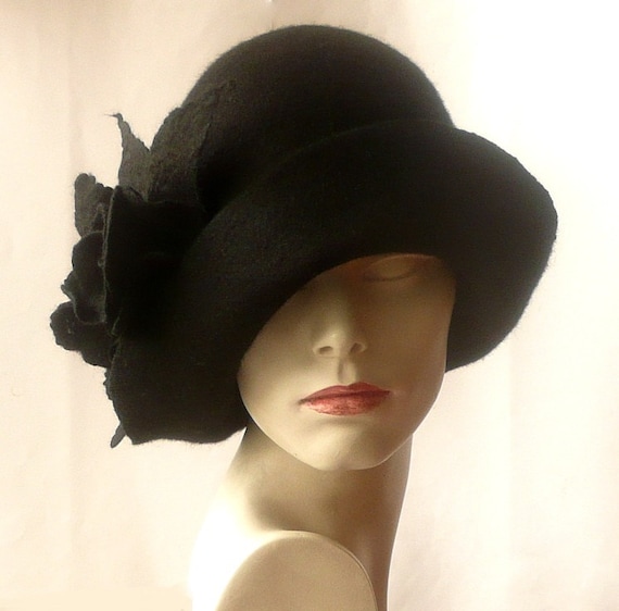 Black Felt Hat Felt Cloche Hat Felted 