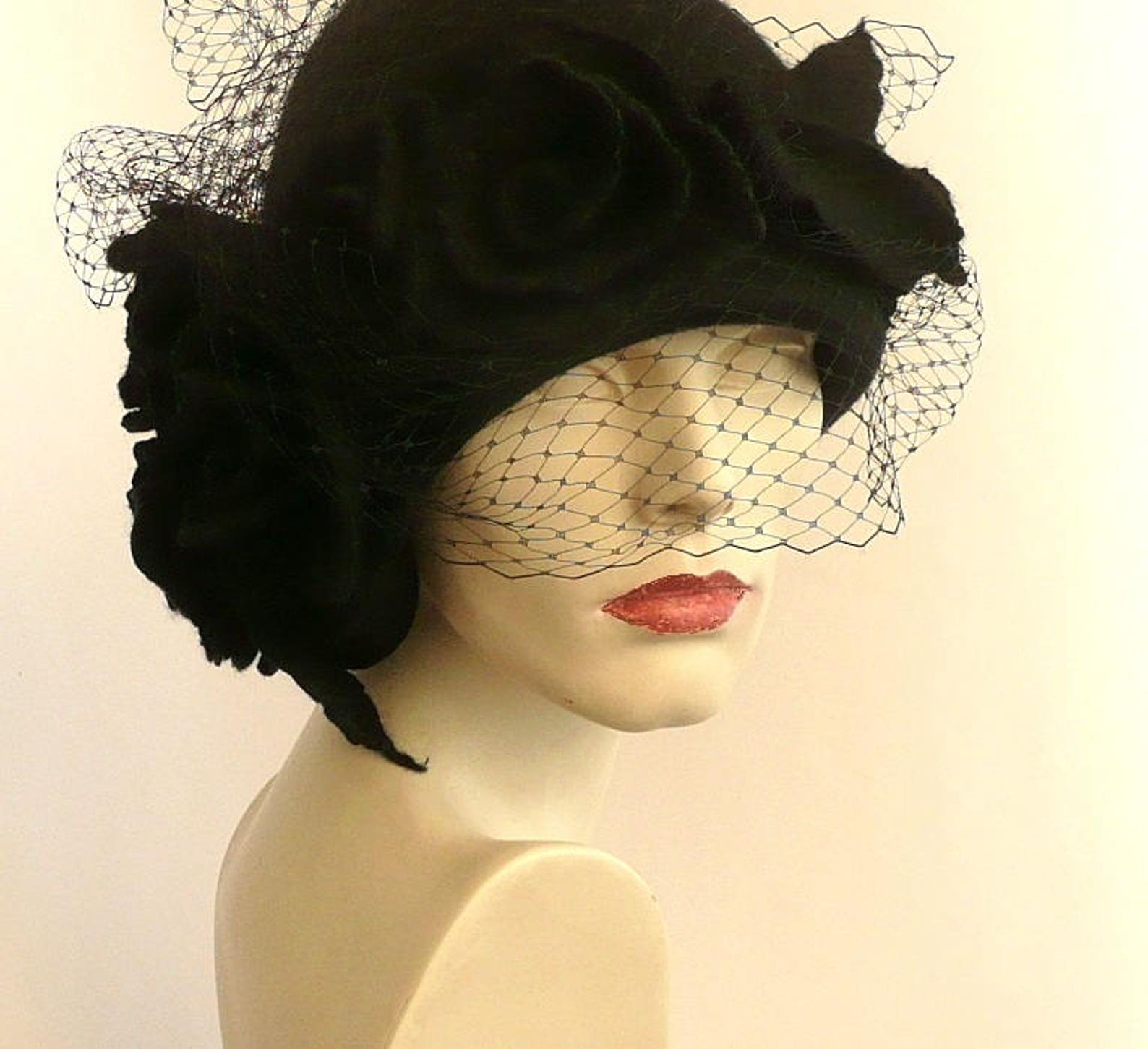 Black Veil Hat Felted Hatblack Hat Felt Hats Veil Hat1920 Etsy