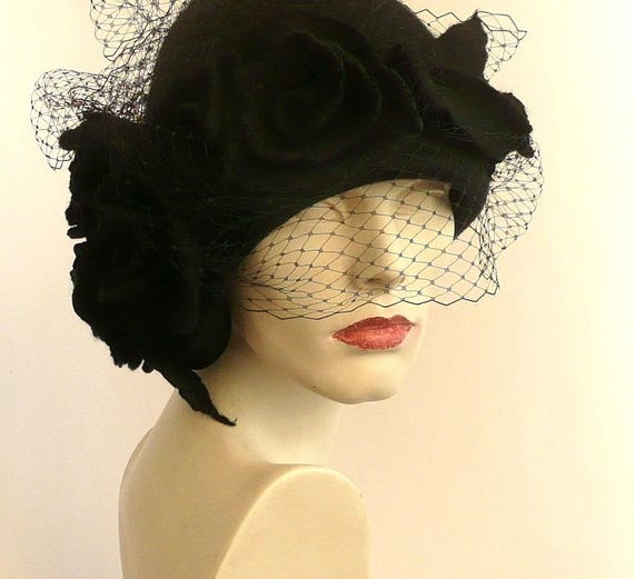 Black Veil Hat Felted Hatblack Hat Felt 