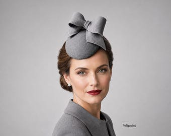 Gray Felt Pillbox Hat, Sculptural Bow Headpiece, Elegant Wedding Guest Fascinator