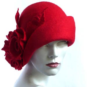Red Felt Cloche Hat  Handmade Wool Hat with Flowers, 1920s Style Wedding Party Accessory