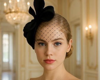 Black Wedding Fascinator with Veil – Elegant Headpiece for Races, Bridal Guests & Formal Events